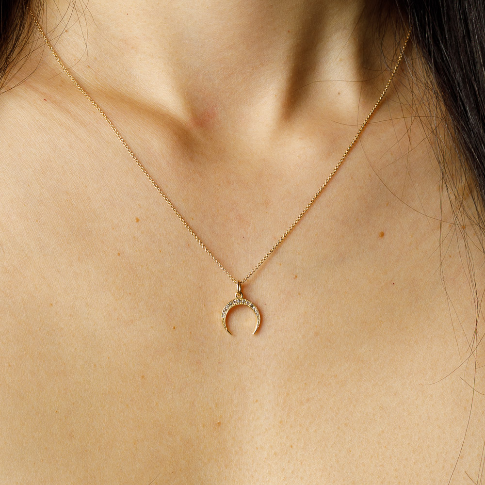 14k Solid White Gold Upside Down Moon Crescent Pendant Necklace