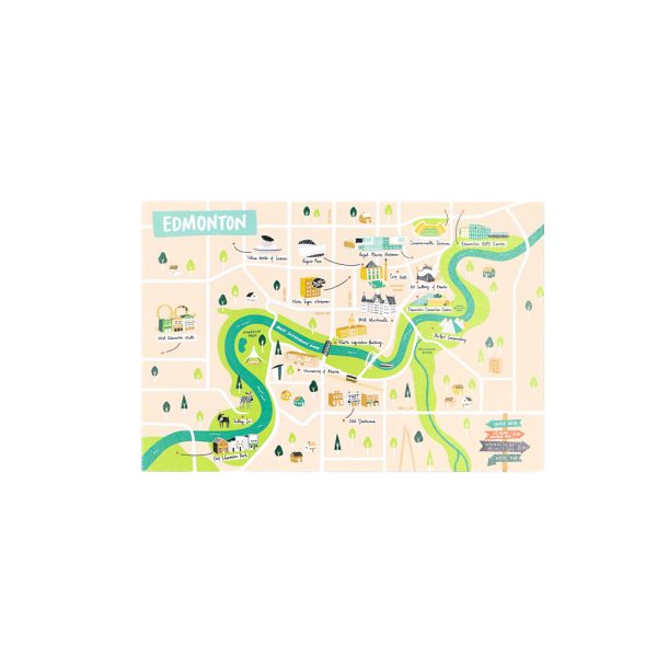 A map of edmonton in peach and green featuring the central area of town.