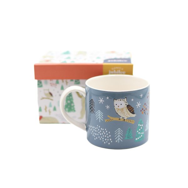 the other side of this blue mug which features an owl