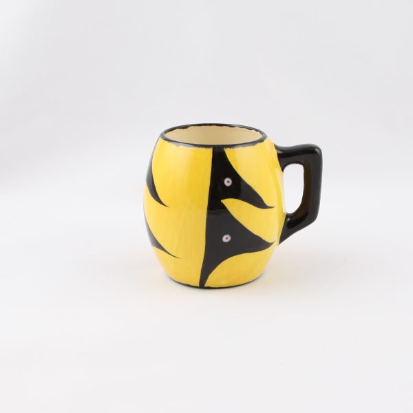 yellow red and white mug