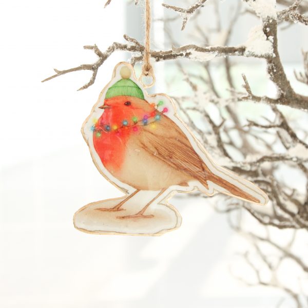 robin with lights ornament