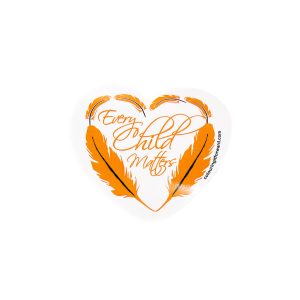 white sticker with orange feathers and cursive writing that spells "Every Child Matters."