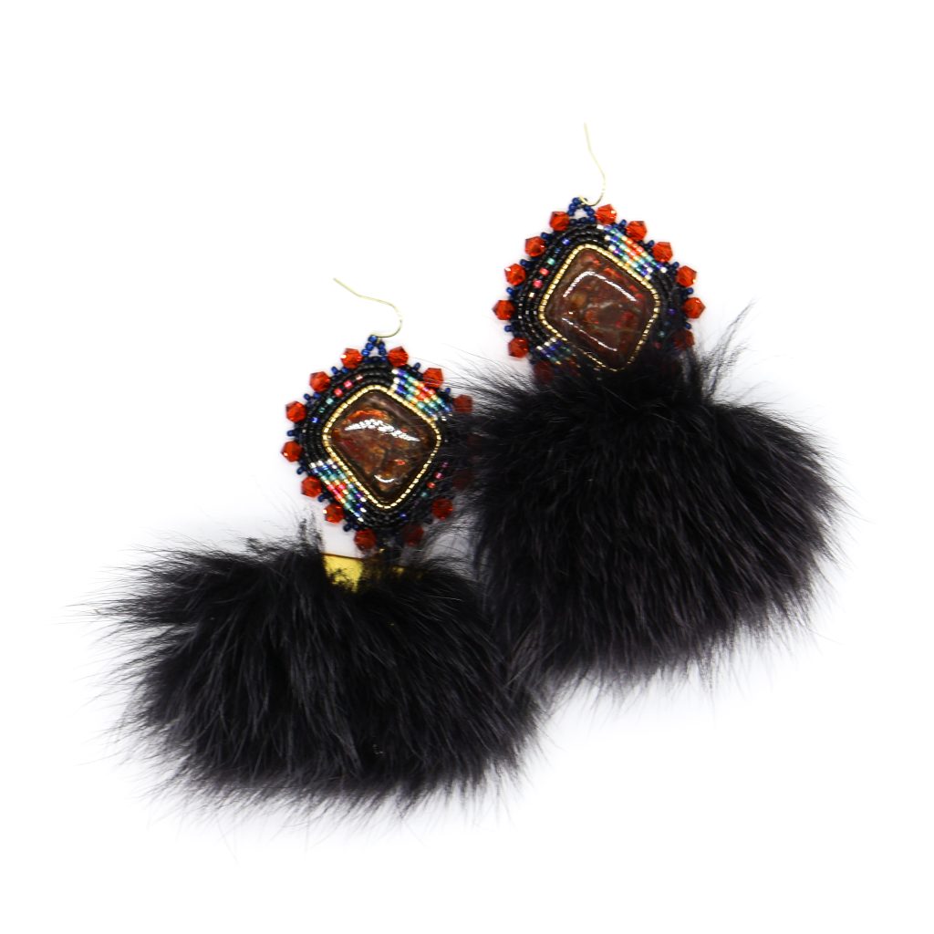 Ammolite and Beaver Fur Earrings by Mahkesîs Creations RAM Shop