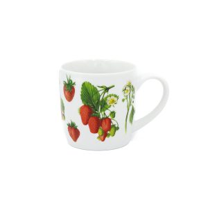 this white ceramic mug is covered in delicious and highly refined botanical drawings of strawberries.