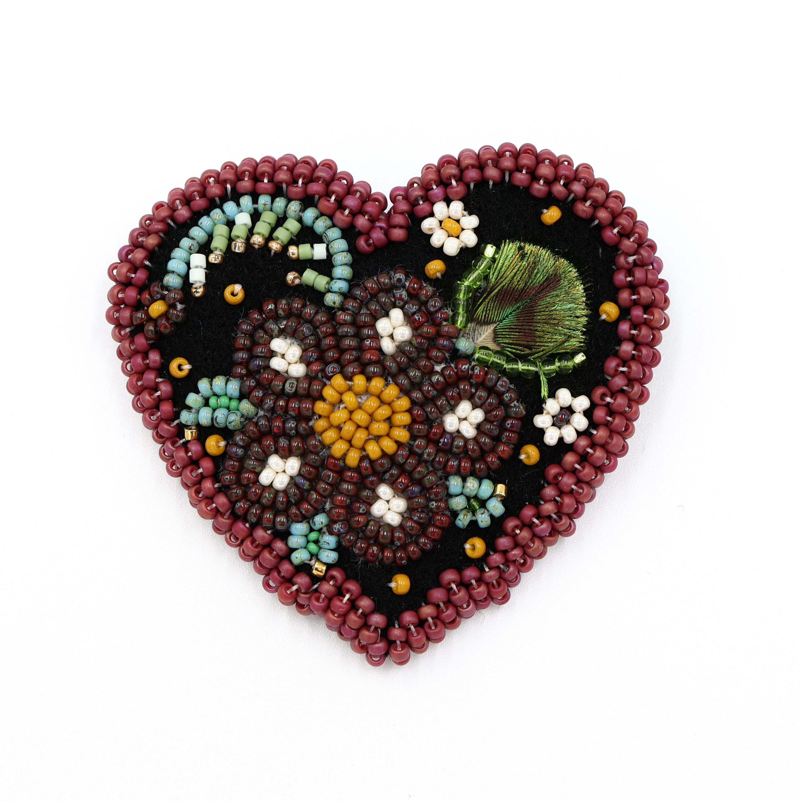 Small Burgundy Beaded Heart Brooch by Connie Kulhavy RAM Shop