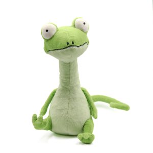 Photographed against a white background, this Jellycat plushie is in the shape of a green chameleon.
