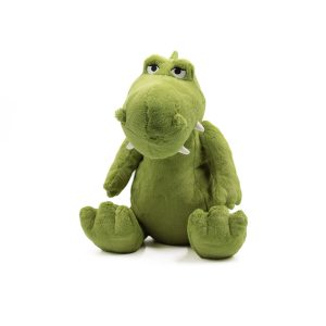 Photographed against a white background, this Jellycat plushie is in the shape of a sweet green dinosaur.