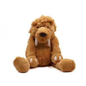 Photographed against a white background, this Jellycat plushie is in the shape of a chestnut brown sabre tooth tiger sitting on its butt.