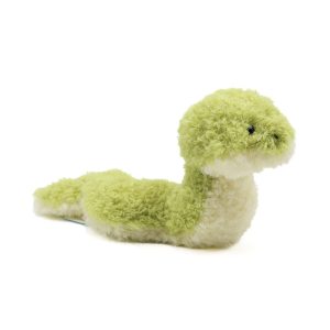Photographed against a white background, this Jellycat plushie is in the shape of a small green fluffy snake.