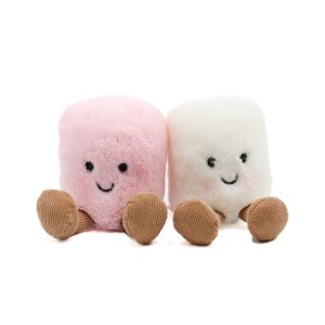 Photographed against a white background, this Jellycat plushie is in the shape of two tiny marshmallows holding hands.