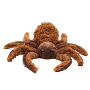 Photographed against a white background, this Jellycat plushie is in the shape of a sweet long haired brown smiling spider.