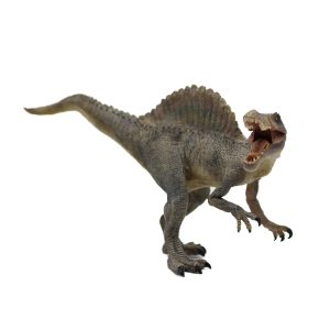 A picture of a plastic toy figurine shaped like a Spinosaurus standing up and angling its head low.
