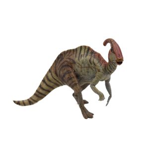 A picture of the Parasaurolophus standing against a white background. It is a plastic figurine the size of an adult fist.
