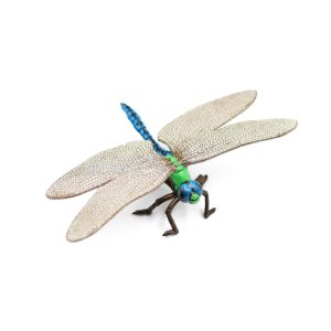 A picture of a small plastic figurine of a dragonfly, posed standing up.