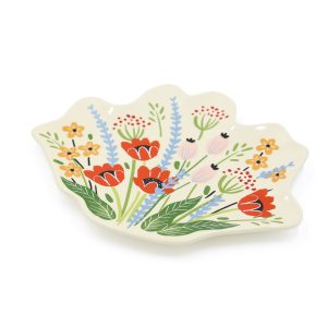 Flat stonewear dish in the shape of a multicoloured bouquet.