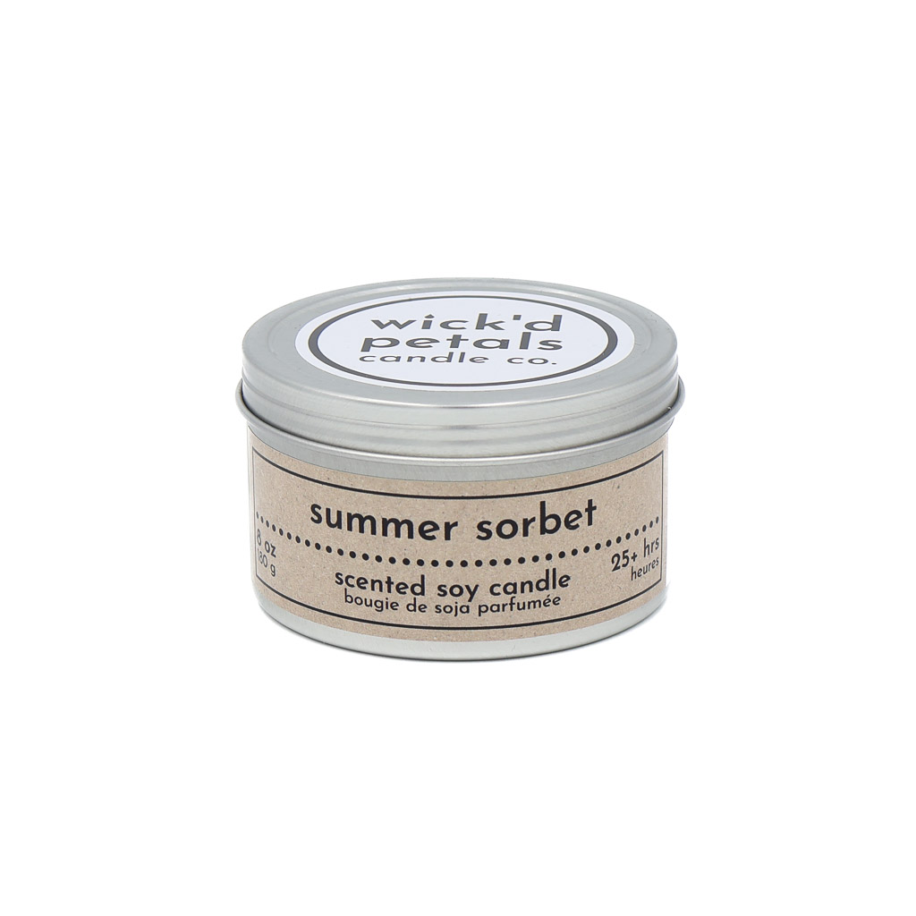 A photo of an 8 oz tin can containing a soy wax candle in the scent of Summer Sorbet.