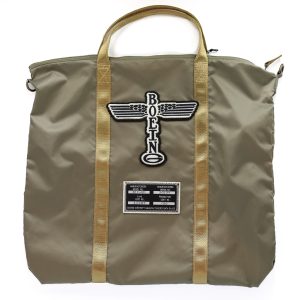 Army green bag with gold looking fabric handles. Features the Boeing logo in the center.