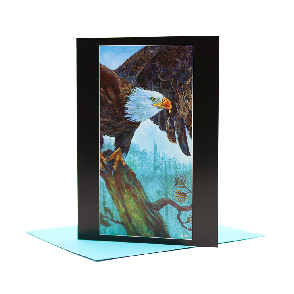 Aug 8 Edited-13 5x7 card with its envelope. A bald eagle gets ready to leap from its log perch.