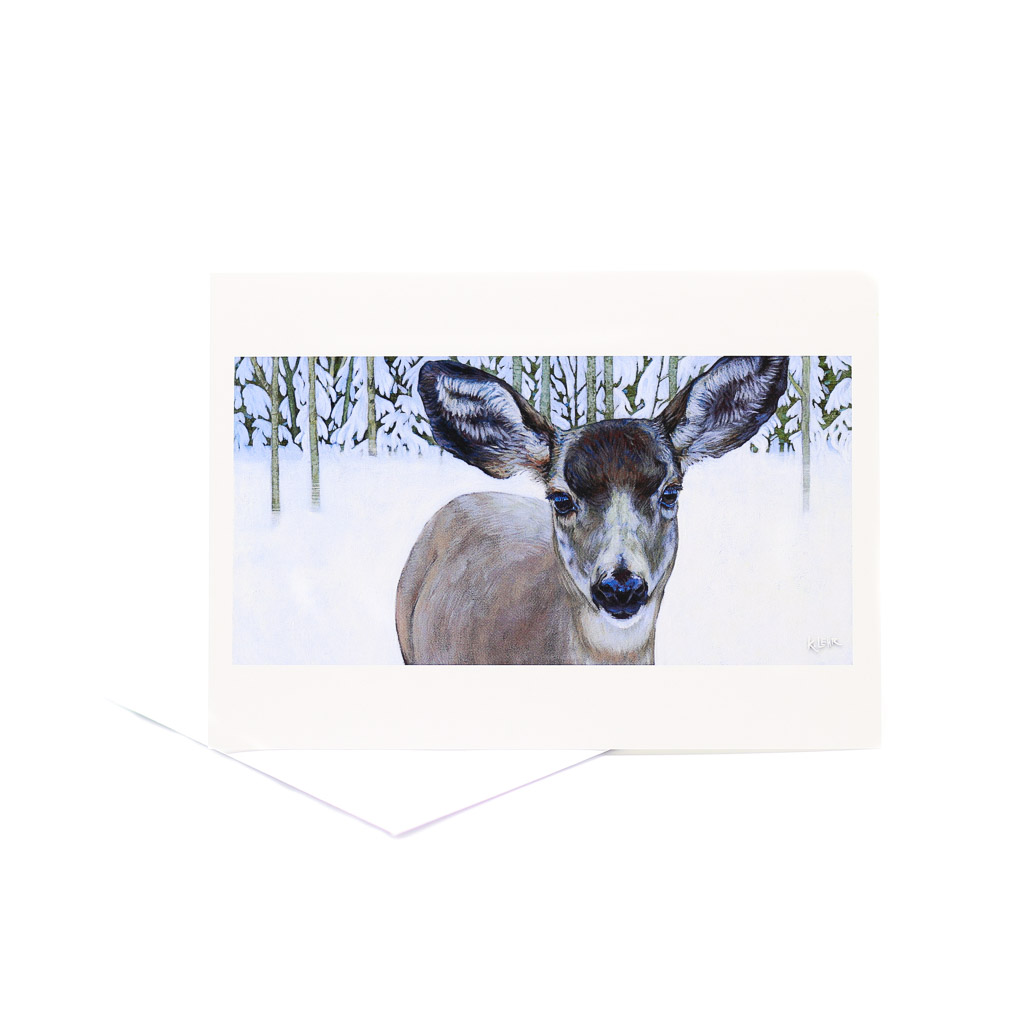 Aug 8 Edited-15 5x7 card with its envelope. A Mule deer stares at the viewer adorably.