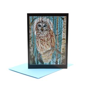 5x7 card with its envelope. Portrait of a snowy owl with birch trees behind it.