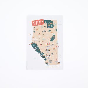 Postcard with peach coloured Alberta map on white background.