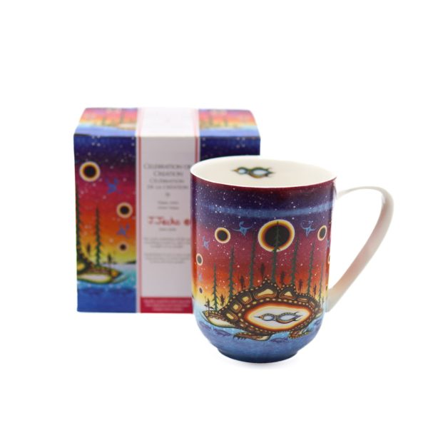Porcelain mug staged in front of its decorative box and featuring the artwork "Celebration of Creation."