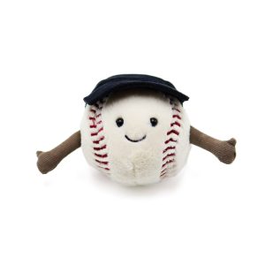 Photographed against a white background, this Jellycat plushie is in the shape of a smiling baseball wearing a baseball hat.