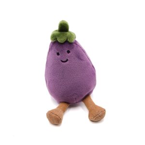 Photographed against a white background, this Jellycat plushie is in the shape of an eggplant on a keychain.