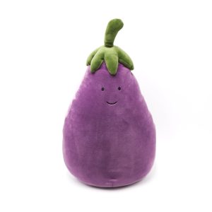 Photographed against a white background, this Jellycat plushie is in the shape of a large eggplant.