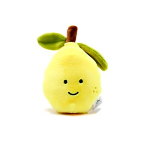 Photographed against a white background, this Jellycat plushie is in the shape of a small, smiling yellow lemon.