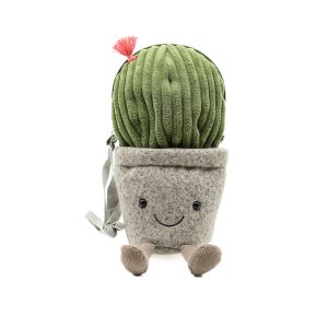 Photographed against a white background, this Jellycat plushie is in the shape of a cactus! It is also a bag, and the potted cactus is smiling.