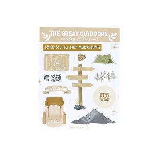 image of a sticker sheet against a white background. The stickers feature neutral pastel colours and are a map, backpack, mountains, sign posts, trees, tents.
