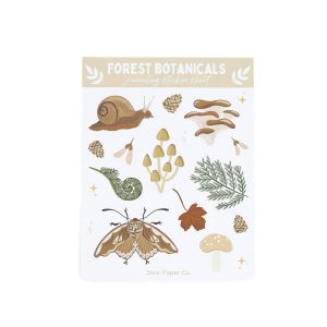 A sticker sheet photographed against a white background. The stickers include: a snail, some fir branches, a moth, a maple leaf, several pine cones, and several kinds of mushroom.