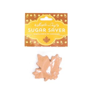 This image features a terracotta maple leaf for keeping sugar moist. It's inside the packaging, which is a clear bag with an orange label.