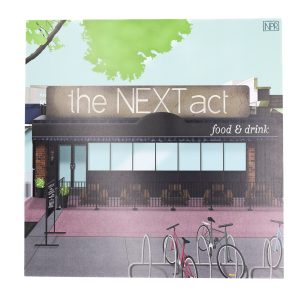 Digital Illustration of a restaurant local to edmonton called The Next Act. The image is of the building from the front, showing off the chalkboard and patio. The burger of the day is the "Drama Queen."