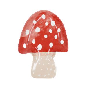 toadstool shaped spoonrest in red and beige.