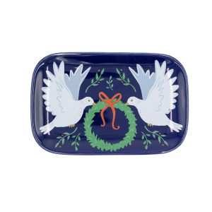 navy blue plate featuring two white doves carrying a wreath.