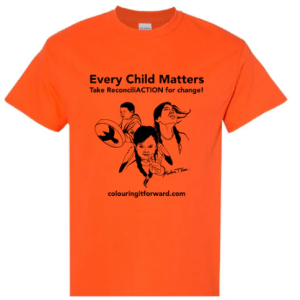 Orange t-shirt with "every child matters" written on it in black with an accompanying image.