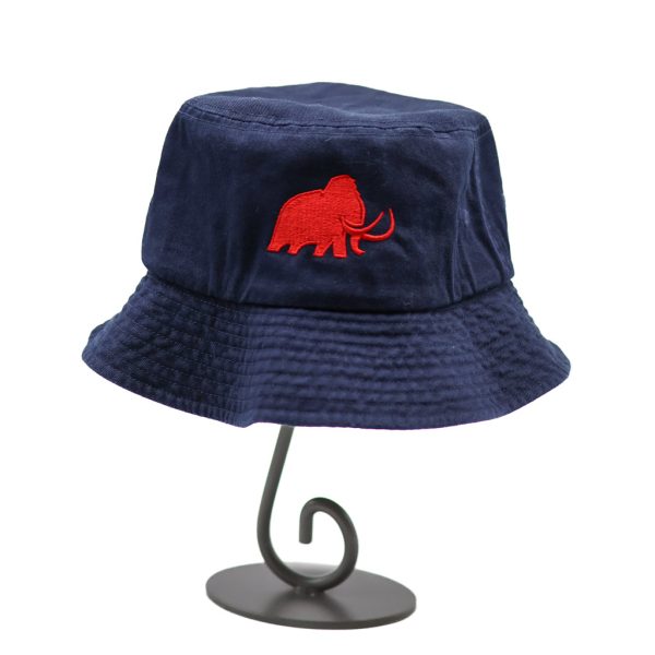 Navy blue cotton bucket hat with red embroidered mammoth logo on the front, resting on steel hat rack about one foot high.