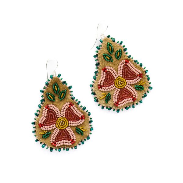 A unique somewhat pear-shaped earring with green and pink beads around the edges. The flower in the center is pink and red.