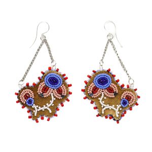 The earring shape is a unique curvy one and is beaded around the edges in blue and red. The beadwork looks like flowers with white stems.
