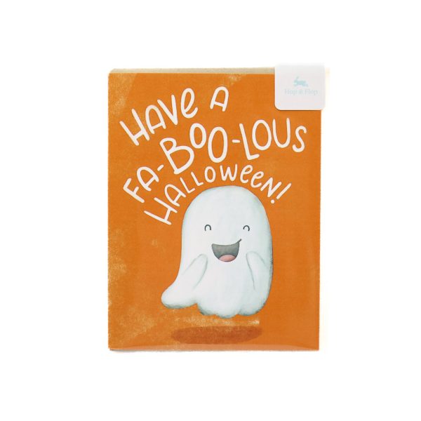 orange card with the text "Have a Fa-boo-lous halloween!" above an illustration of a ghost smiling and being cute.