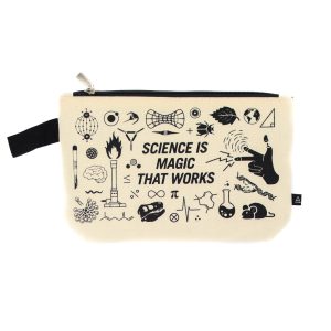 Warm light grey or white looking canvas pencil bag with "Science is Magic That Works" written on it.