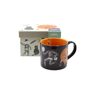 The Boo Crew Mug-In-A-Box is black with an orange interior, and features pumpkins, jack o lanterns, and skeletons. 
