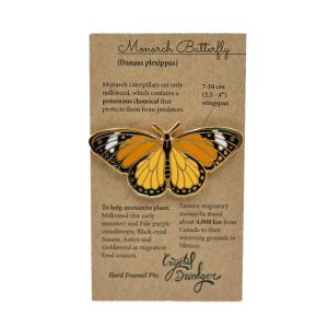 Monarch butterfly pin with a brown cardboard backing for packaging.