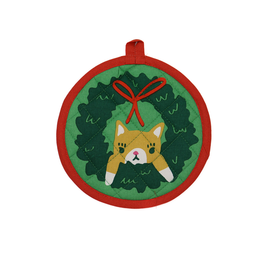 danica potholder let it meow let it meow potholder features a kitty hanging through a wreath on the front side