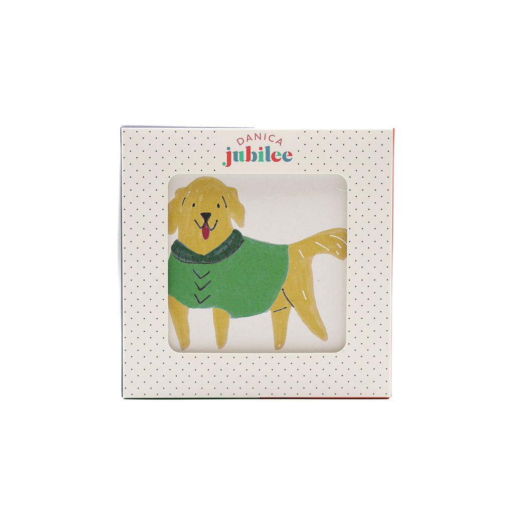 danica yule dogs coasters square box of super absorbent plates with a golden retriever in a green sweater drawn childishly on the front-most plate.