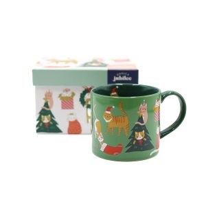 The Let It Meow Mug-In-A-Box is a green mug covered in kitties getting into all kinds of christmas-themed mischief! 