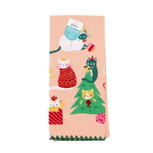 peach coloured tea towel with christmas cats on the bottom half of it.