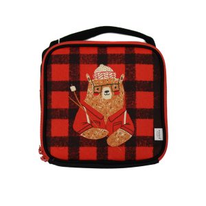 a buffalo plaid patterned zippered lunch bag with a hipster bear on the front roasting a marshmallow and wearing a toque.